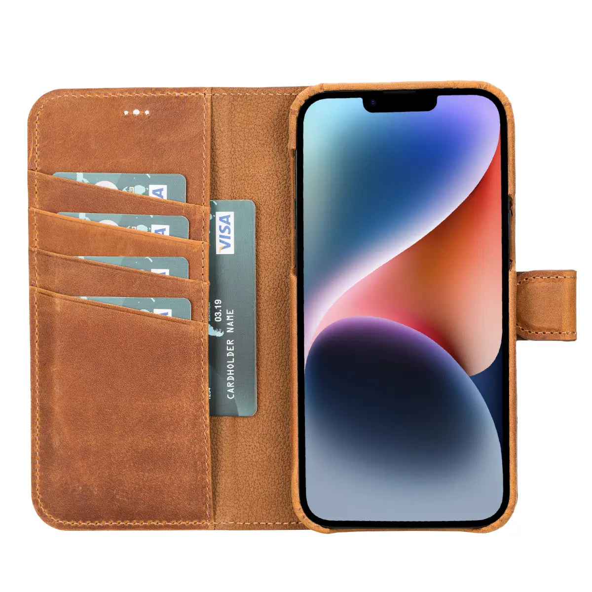 Camel Brown Leather Magnetic Wallet Case for iPhone 14 Plus, Prestige