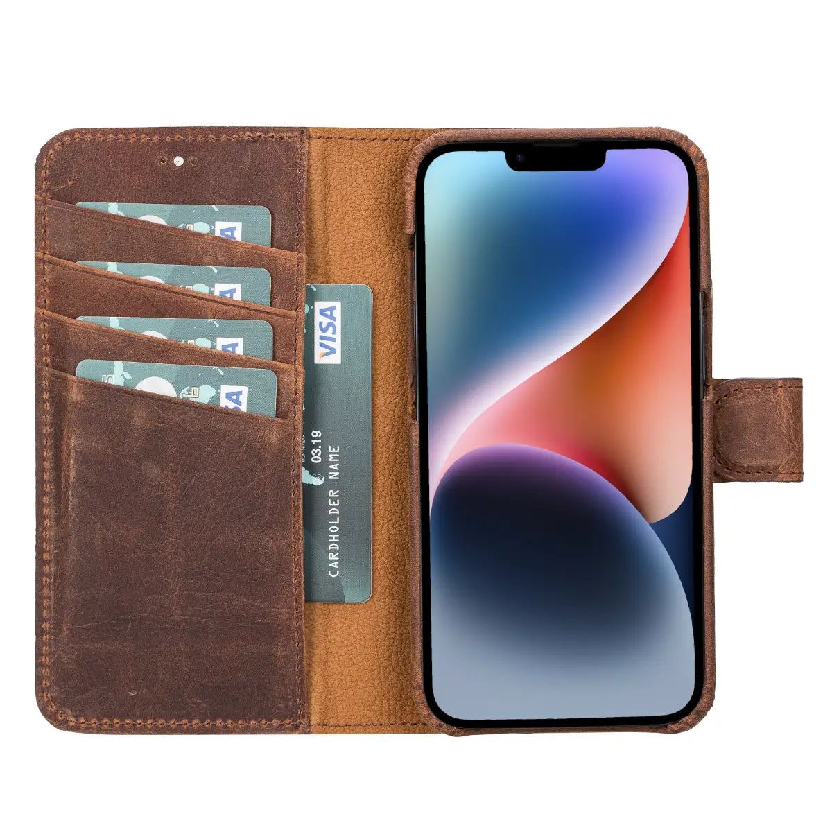 Distressed Brown Leather Magnetic Wallet Case for iPhone 14, Prestige