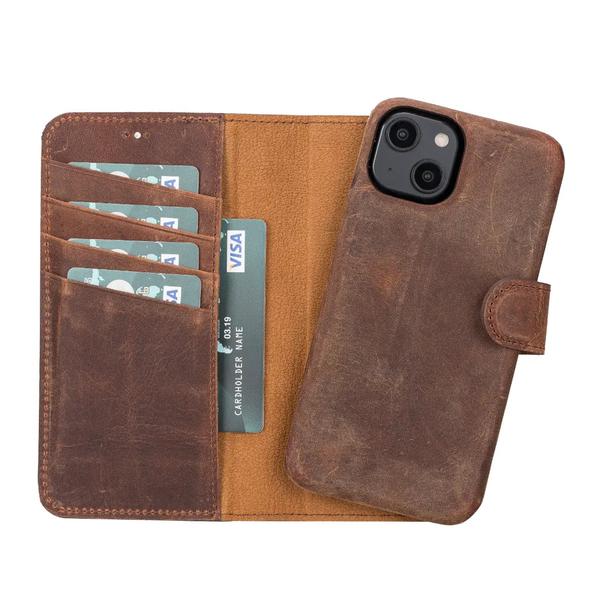 Distressed Brown Leather Magnetic Wallet Case for iPhone 14, Prestige