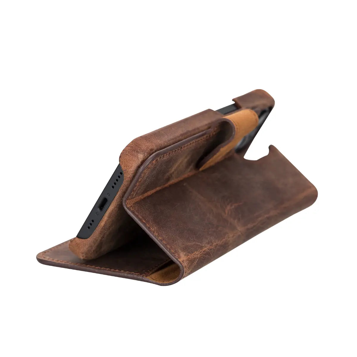 Distressed Brown Leather Magnetic Wallet Case for iPhone 14, Prestige