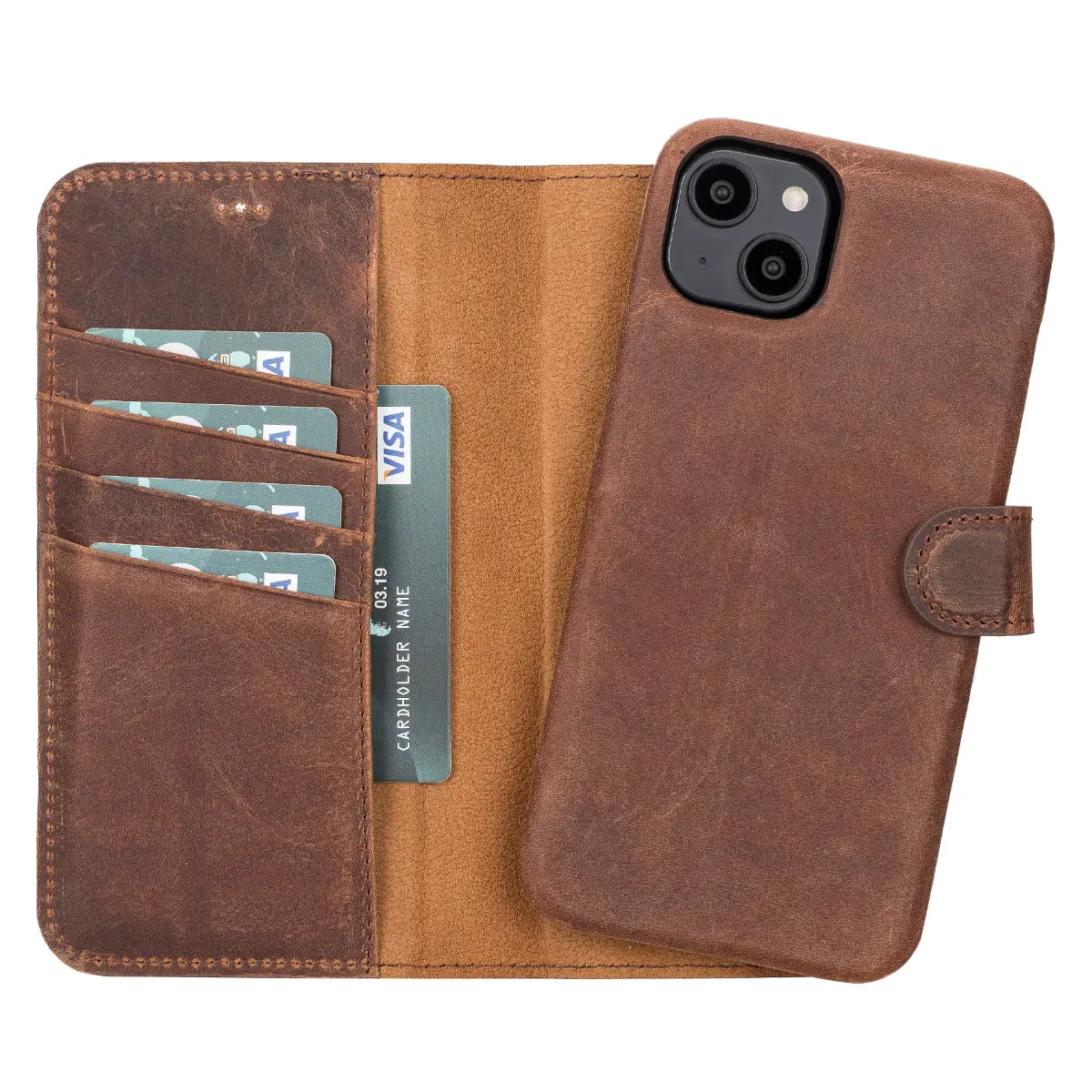 Distressed Brown Leather Magnetic Wallet Case for iPhone 14 Plus, Prestige