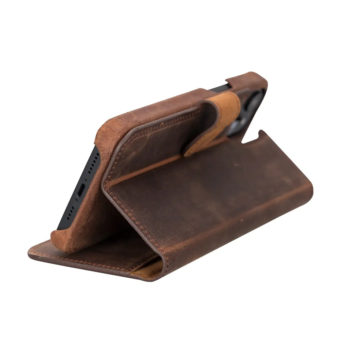 Distressed Brown Leather Magnetic Wallet Case for iPhone 14 Plus, Prestige