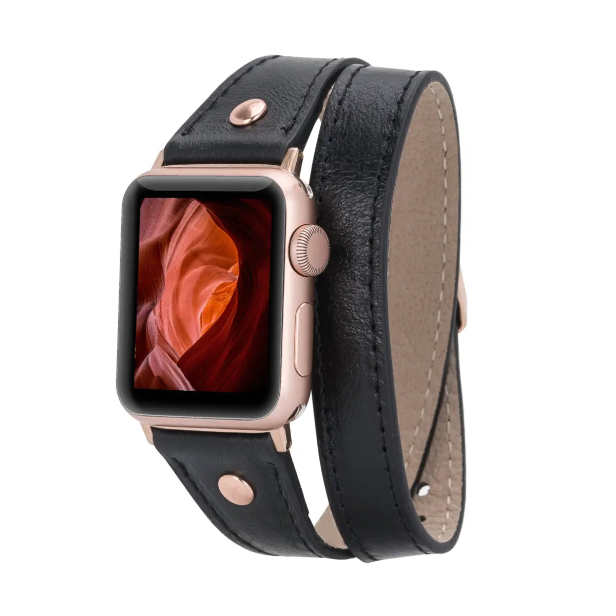 Black Leather Double Tour Slim Apple Watch Band (Gold Rivet)
