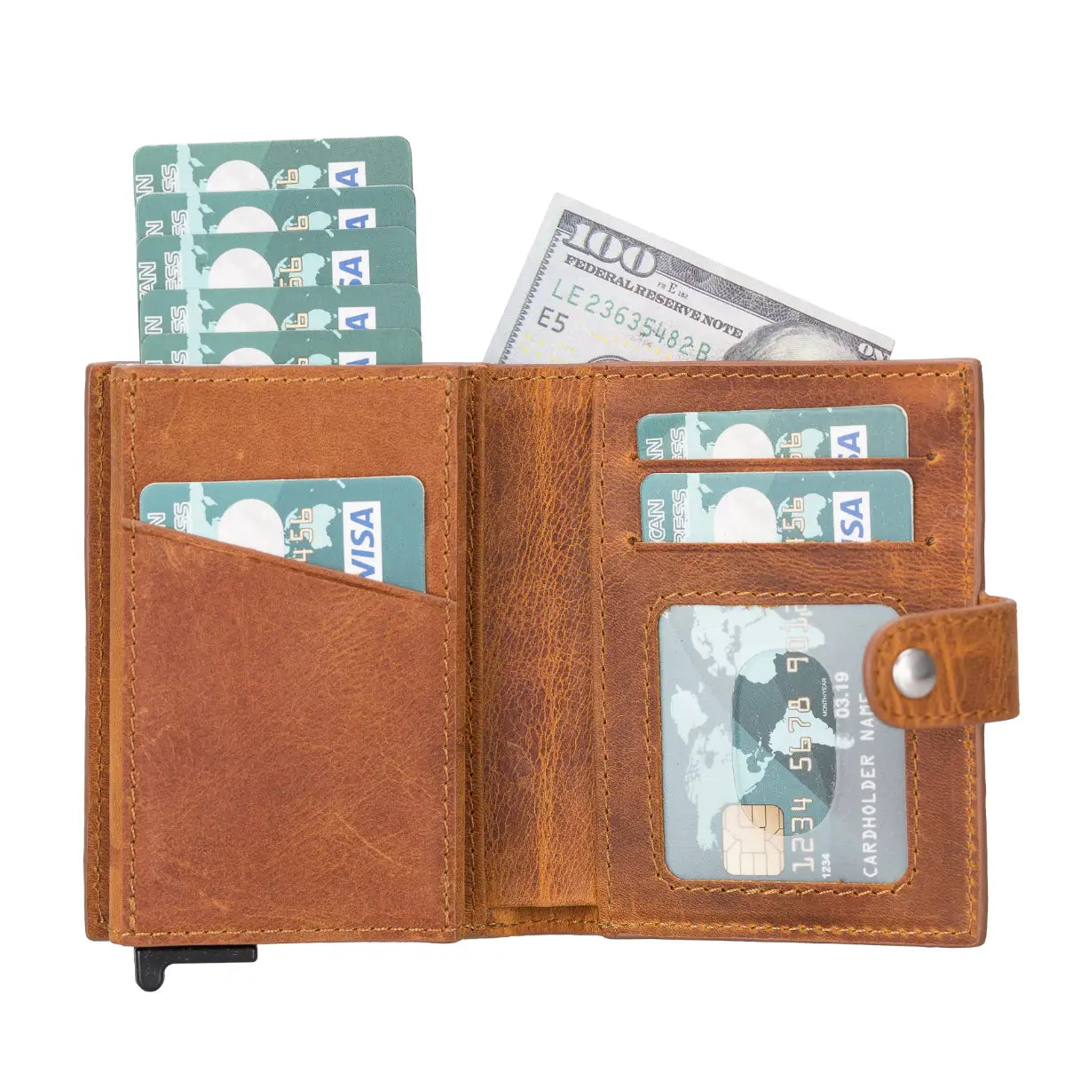 Palermo Leather Mechanical Card Holder-Camel Brown