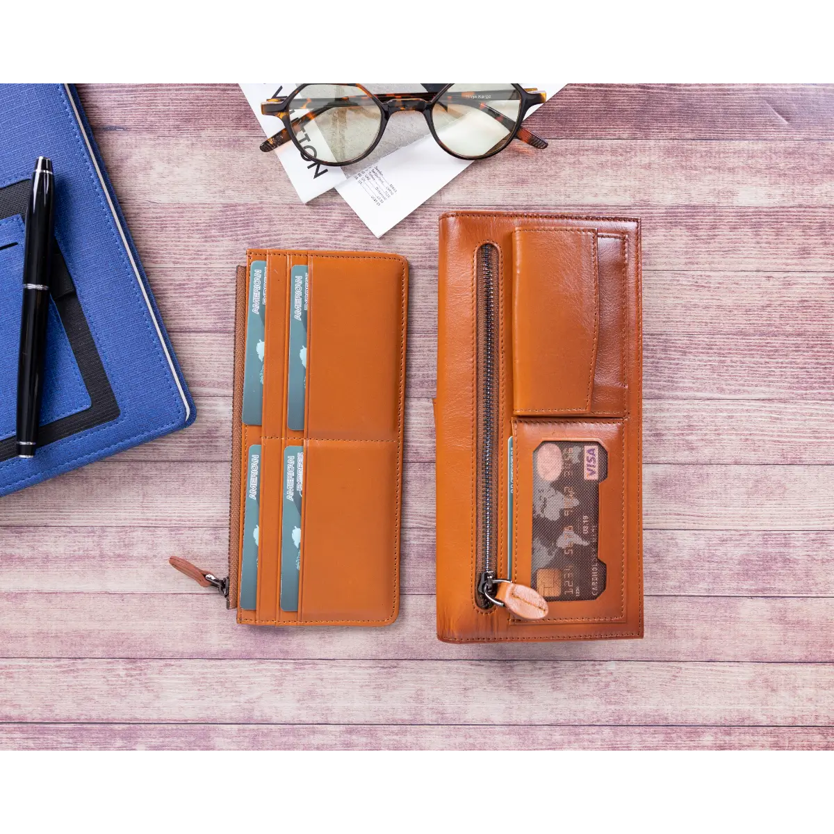 Unisex Leather Organizer Wallet-Burnished Tan