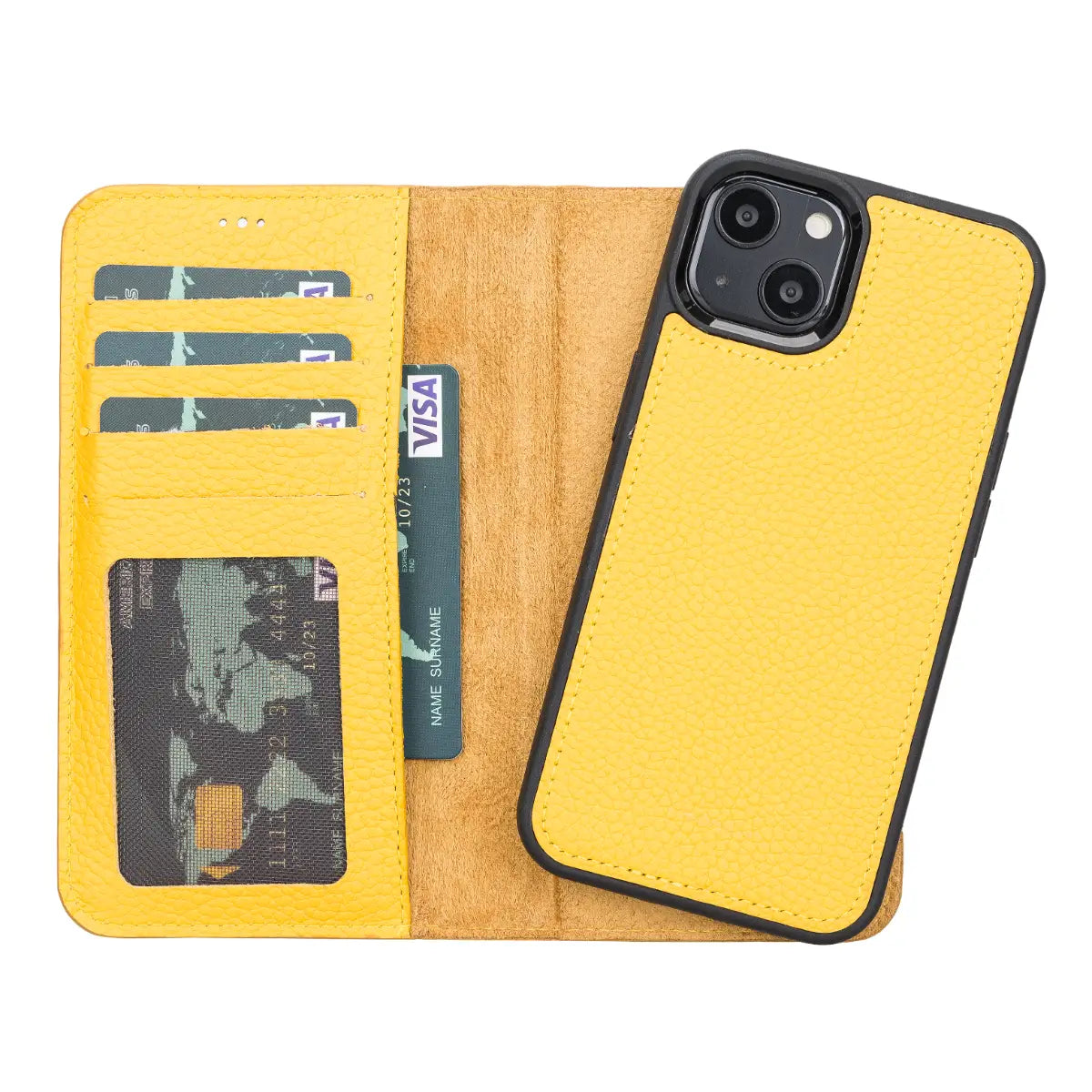Yellow Leather Wallet Case for iPhone 13