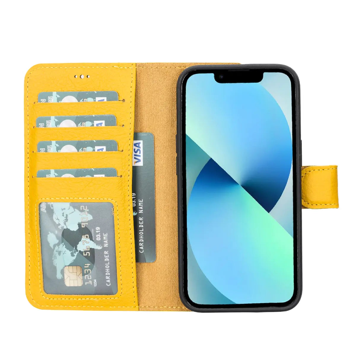 Yellow Leather Wallet Case for iPhone 14