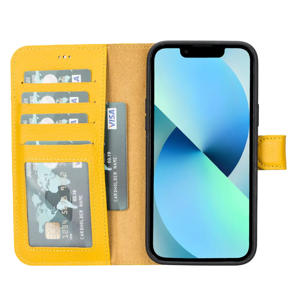 Yellow Leather Wallet Case for iPhone 14 Plus