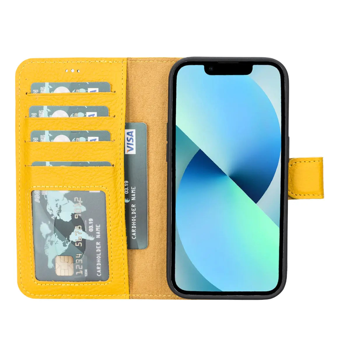 Yellow Leather Wallet Case for iPhone 14 Pro