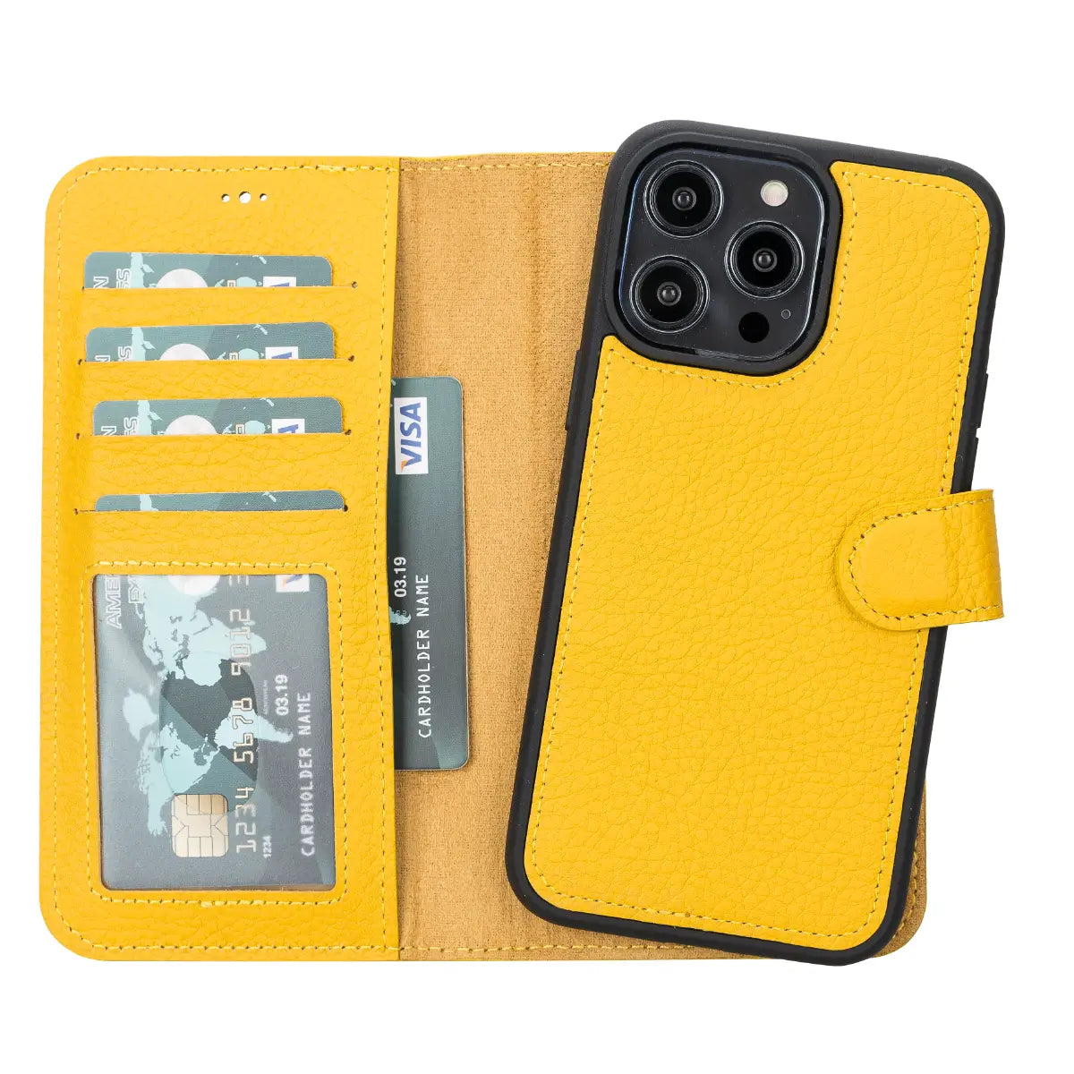 Yellow Leather Wallet Case for iPhone 14 Pro Max