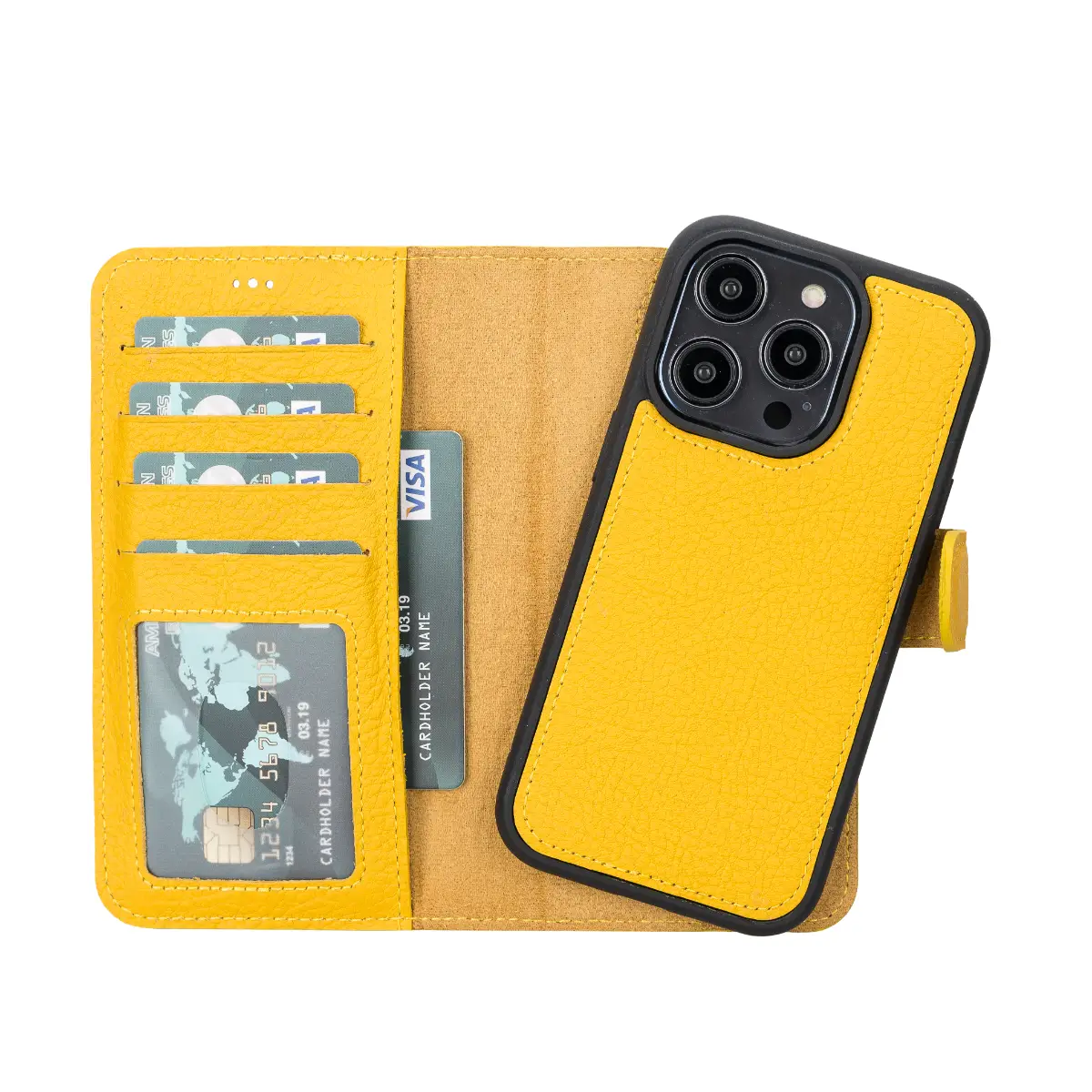 Yellow Leather Wallet Case for iPhone 14 Pro