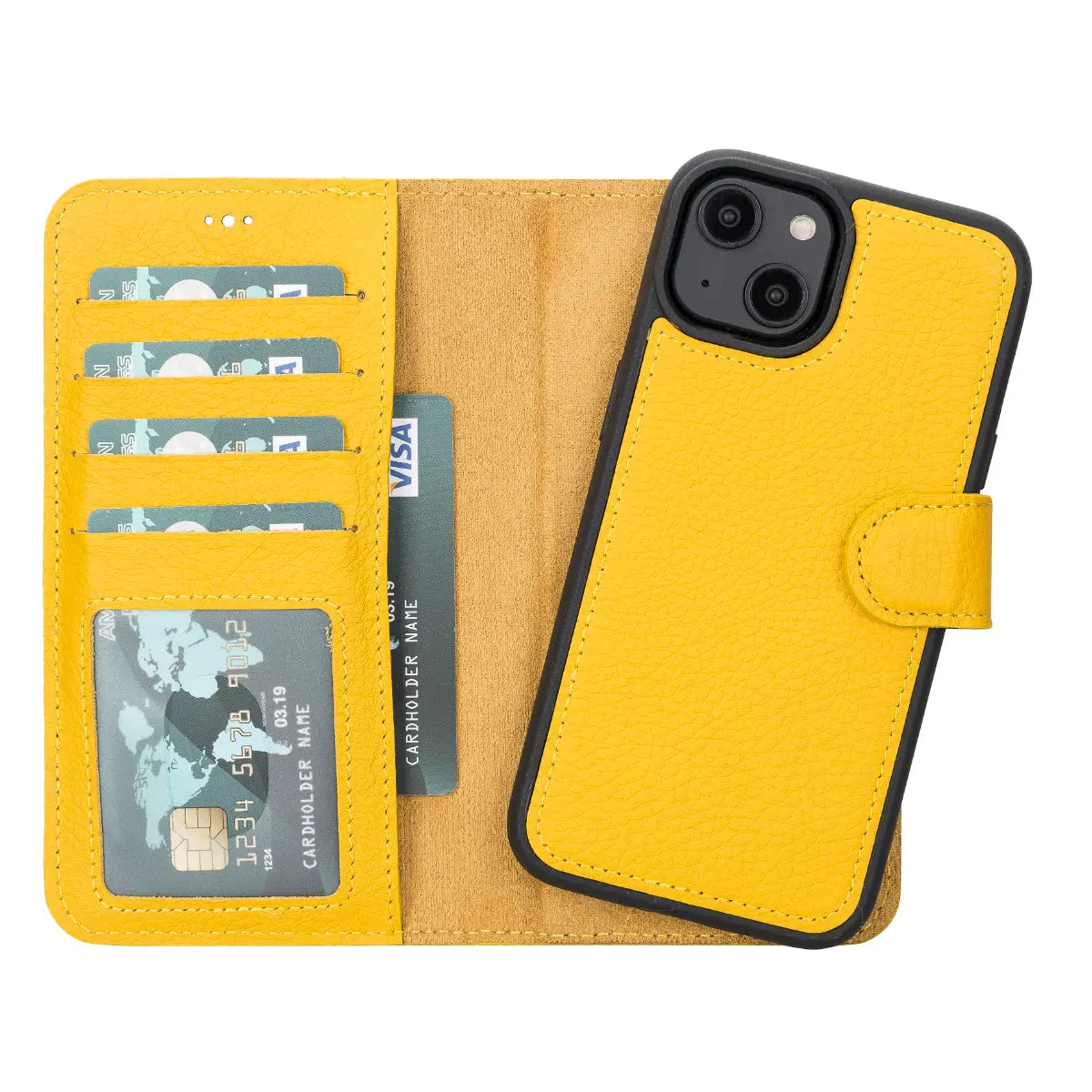 Yellow Leather Wallet Case for iPhone 14