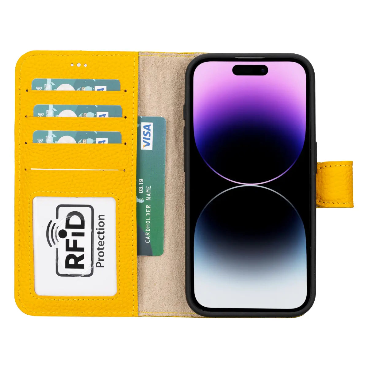 Yellow Leather Wallet Case for iPhone 15 Pro