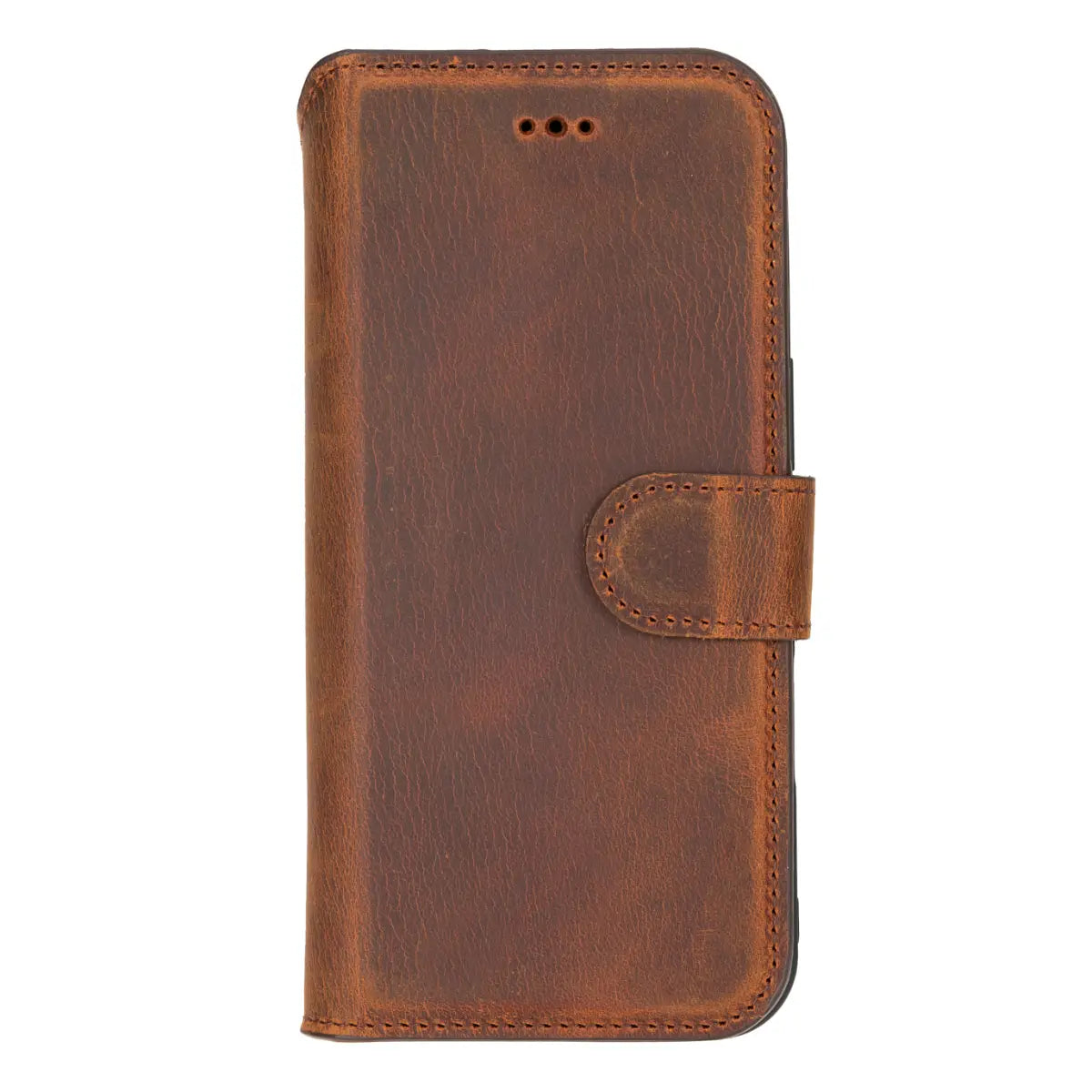iPhone 17 Air Leather Case Distressed Brown Vero closed front view with iphone inside