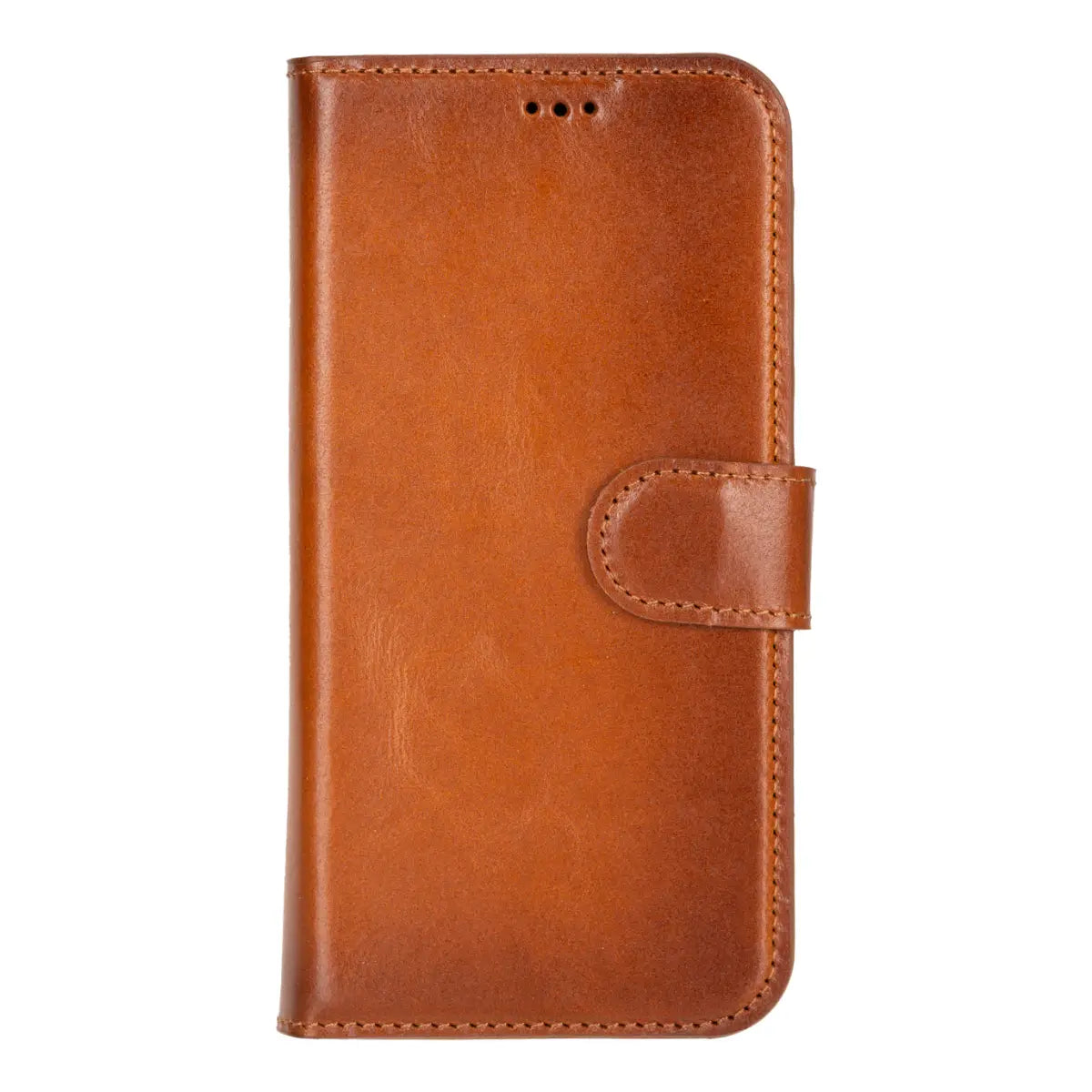 iPhone 17 Leather Case Burnished Tan Vero closed front view with iphone inside