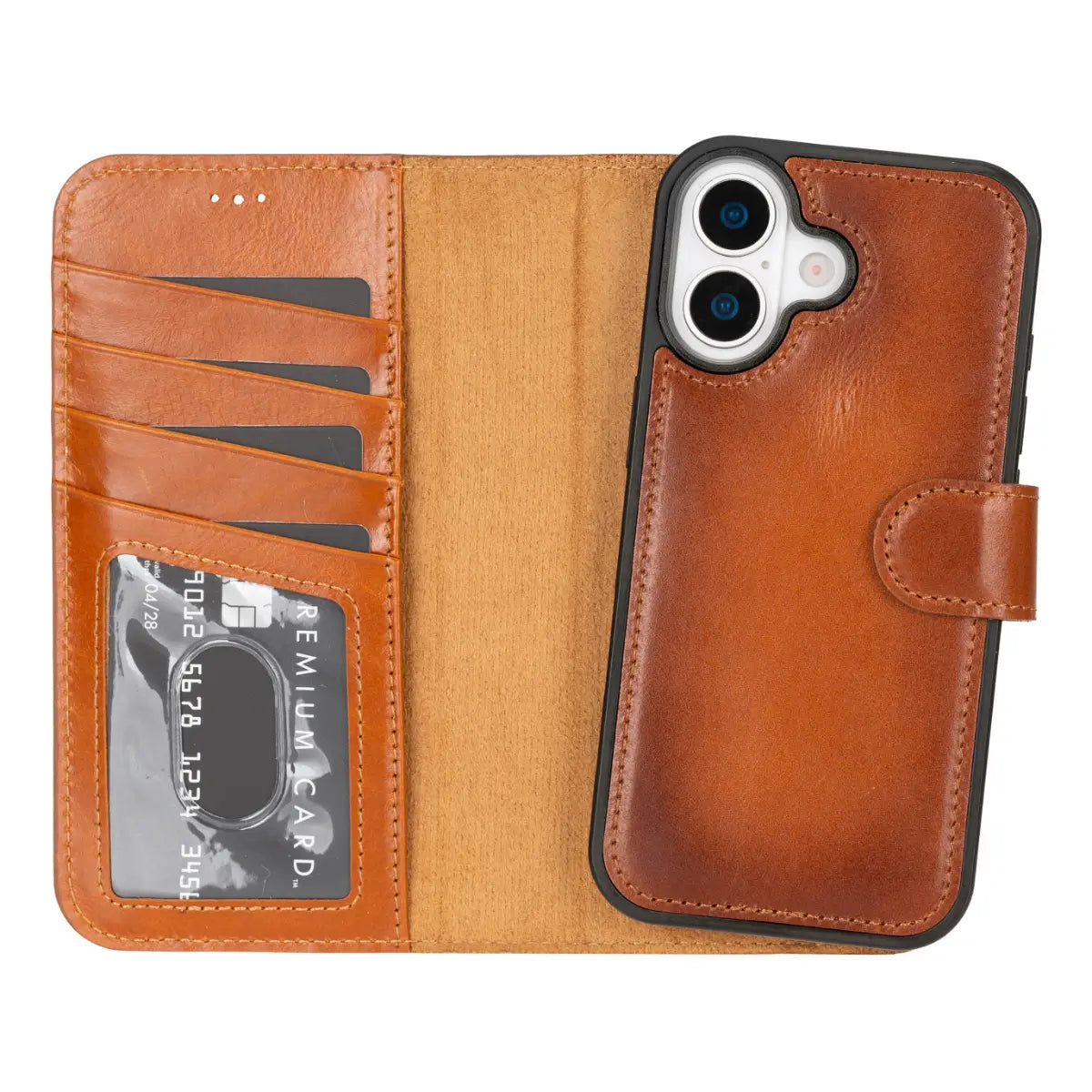 iPhone 17 Leather Case Burnished Tan Vero open with iPhone inside