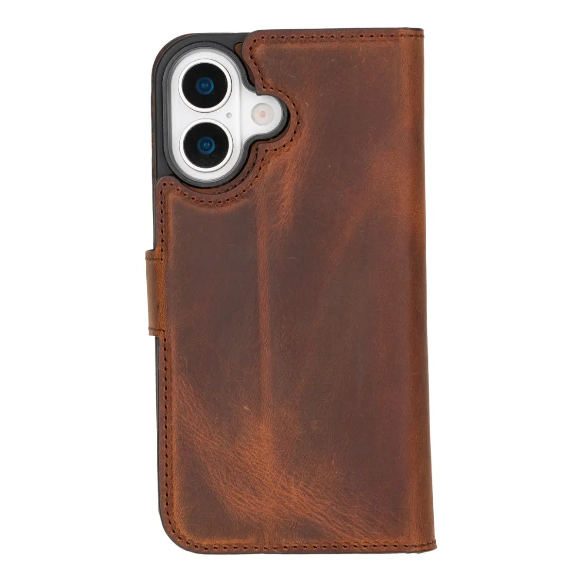 iPhone 17 Leather Case Distressed Brown Vero closed back view with phone inside