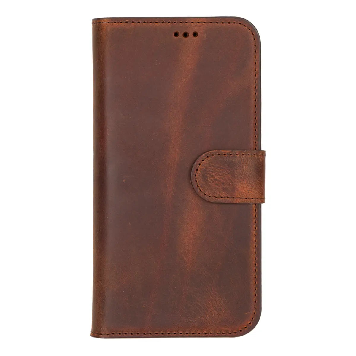 iPhone 17 Leather Case Distressed Brown Vero closed front view with iphone inside