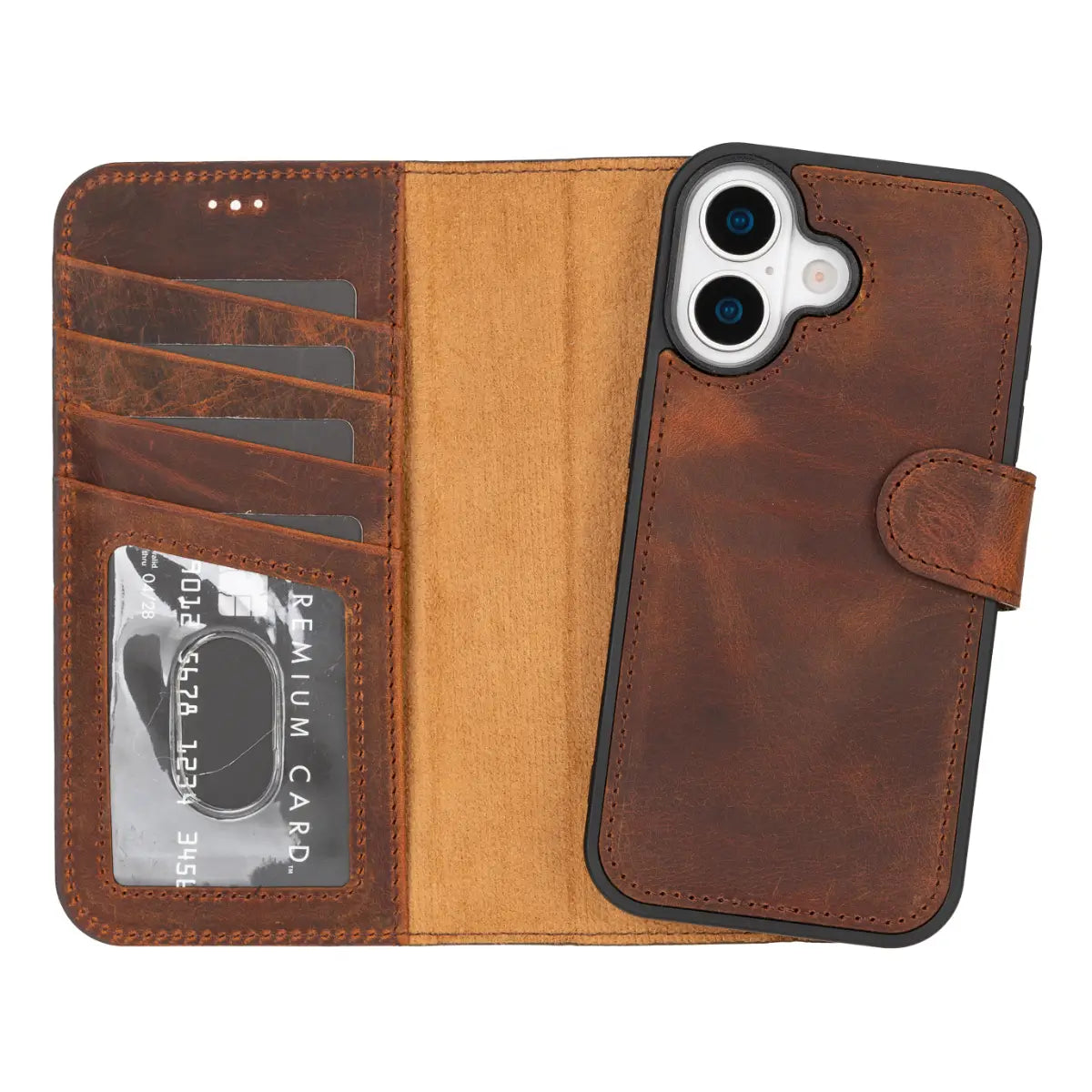iPhone 17 Leather Case Distressed Brown Vero open with iPhone inside
