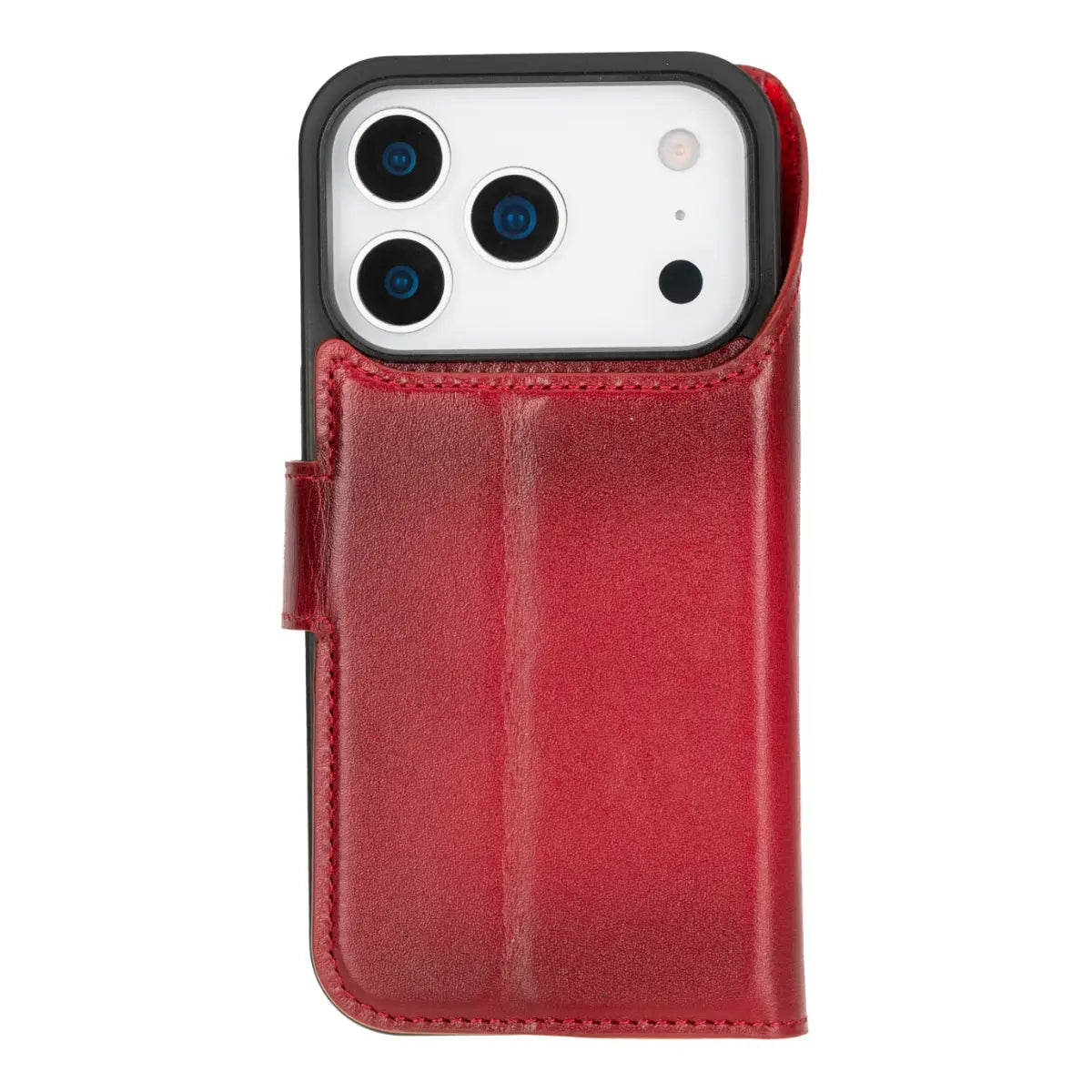 iPhone 17 Pro Leather Case Burnished Red Vero closed back view with phone inside