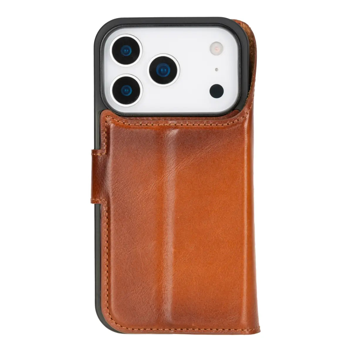 iPhone 17 Pro Leather Case Burnished Tan Vero closed back view with phone inside