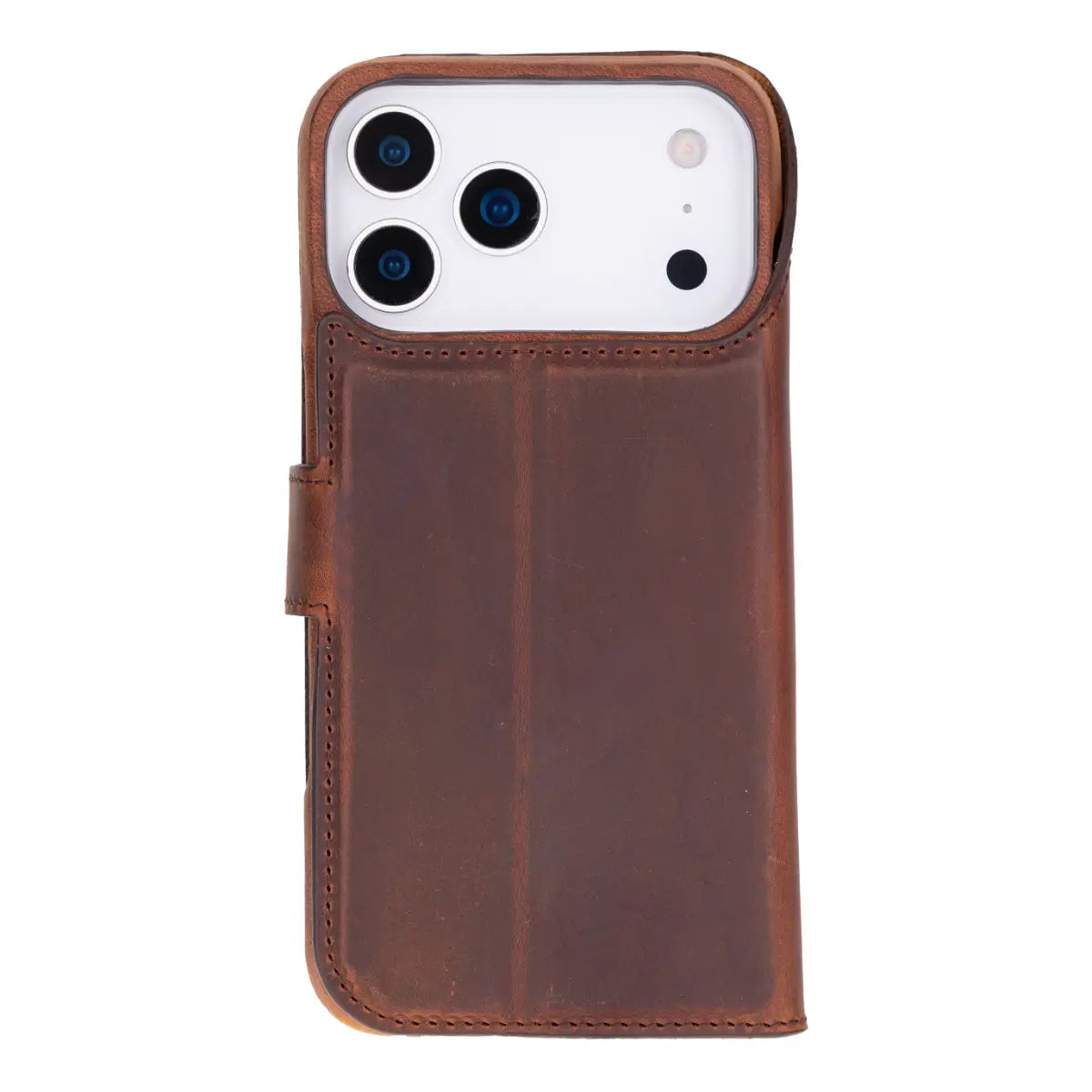 iPhone 17 Pro Leather Case Distressed Brown Prestige closed back with iPhone inside