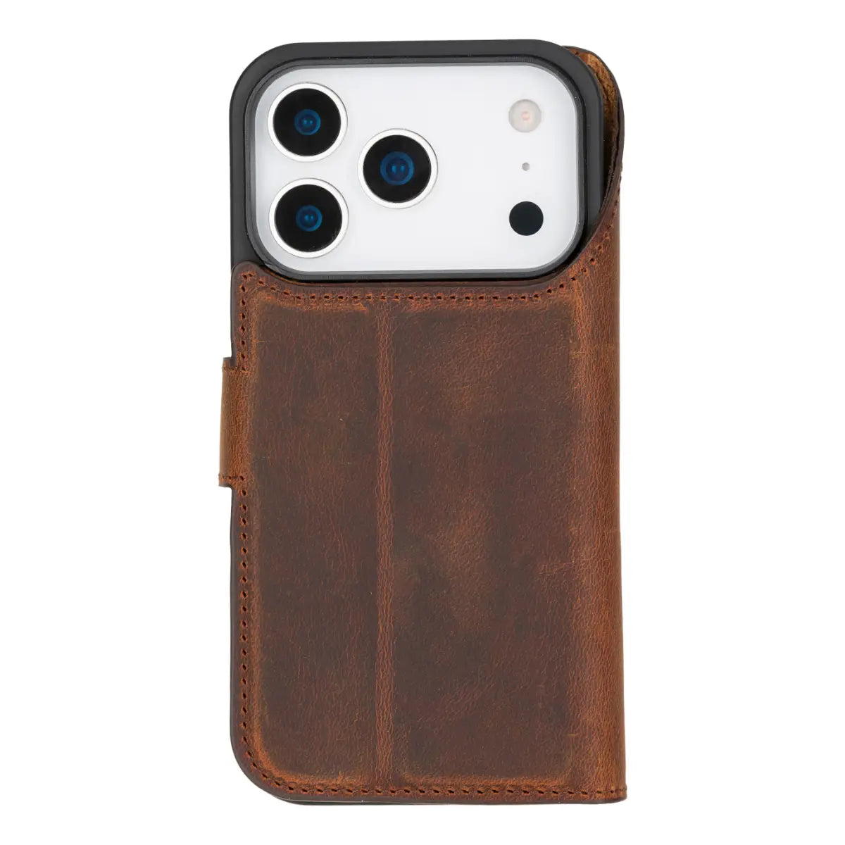 iPhone 17 Pro Leather Case Distressed Brown Vero closed back view with phone inside