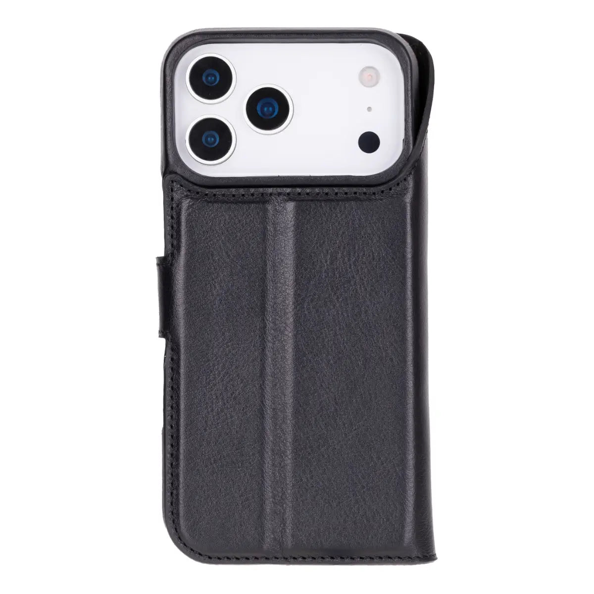 iPhone 17 Pro Max Leather Case Black Prestige closed back with iPhone inside