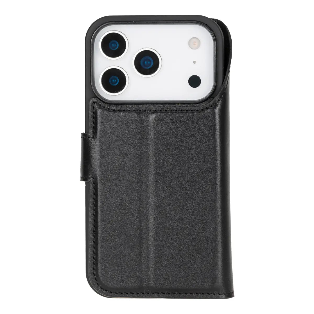 iPhone 17 Pro Max Leather Case Black Vero closed back view with phone inside