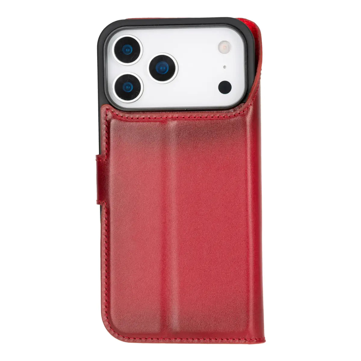 iPhone 17 Pro Max Leather Case Burnished Red Vero closed back view with phone inside