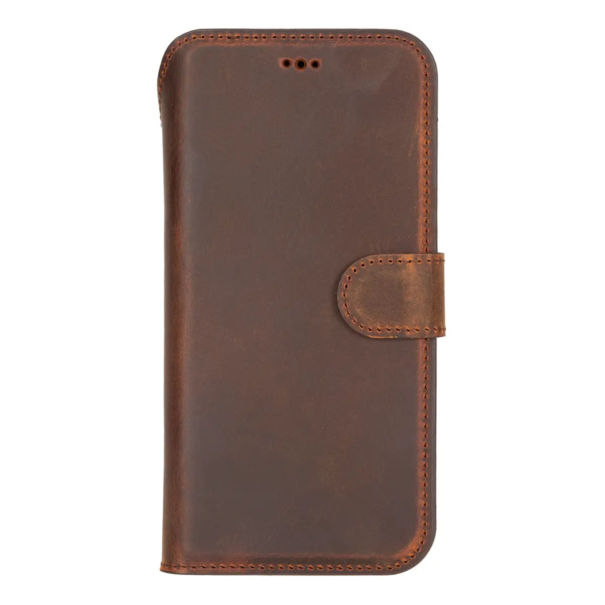 iPhone 18 Pro Leather Case Distressed Brown Vero closed front view with iphone inside
