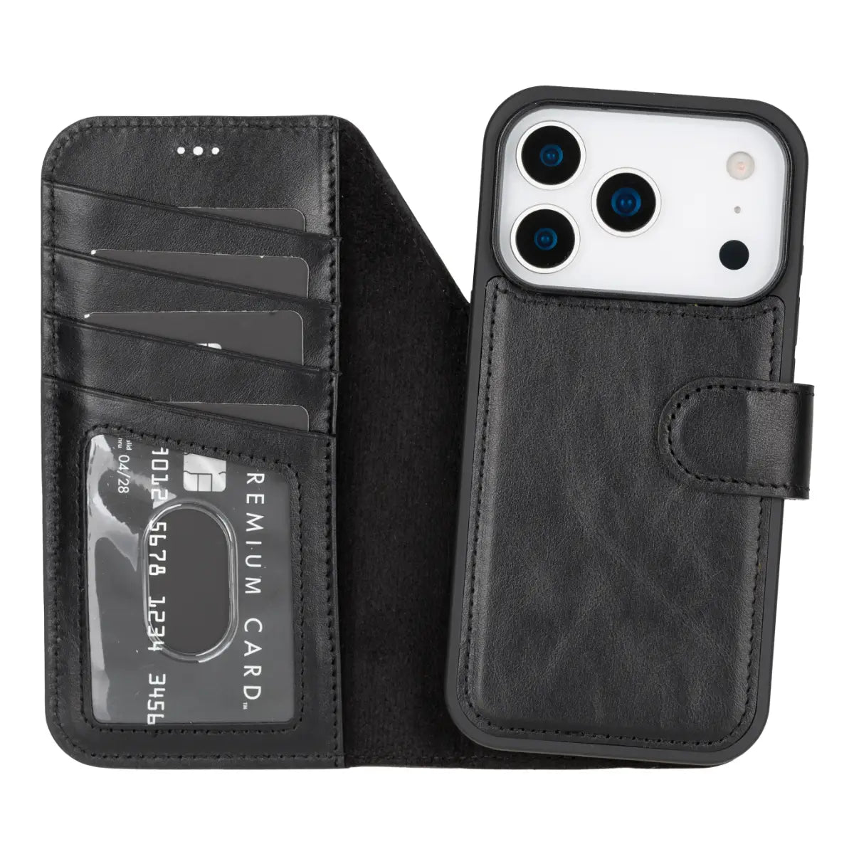 iPhone 18 Pro Max Leather Case Black Vero open with iPhone inside