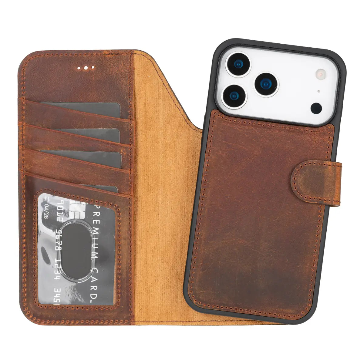 iPhone 18 Pro Max Leather Case Distressed Brown Vero open with iPhone inside