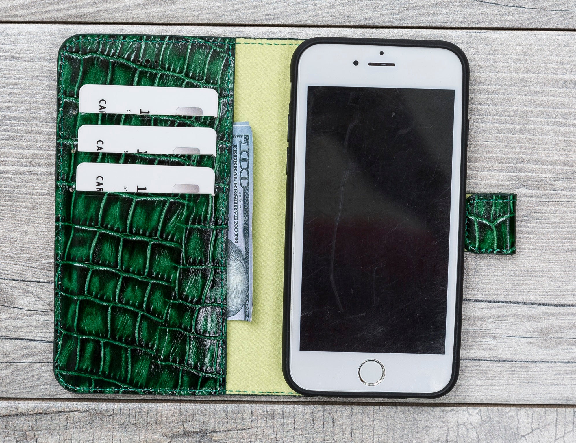 Green Croco Pattern Magnetic Genuine Leather Wallet Case for iPhone 7/8