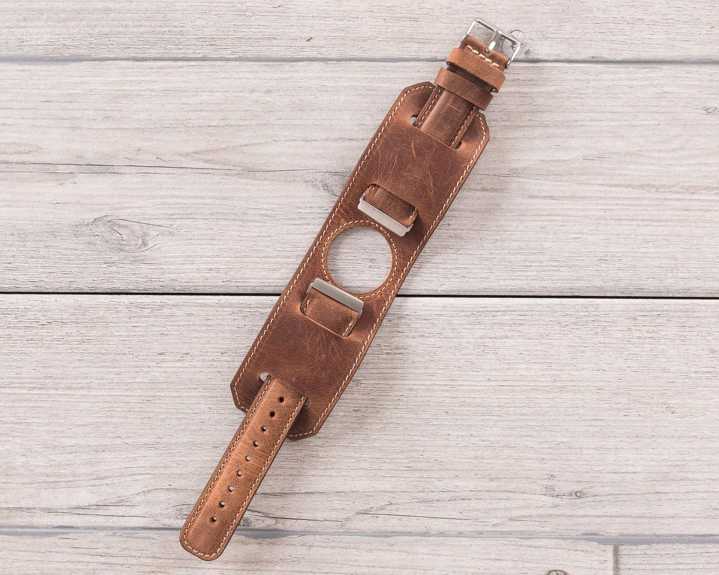 Antic Brown Leather Cuff Fitbit Watch Band