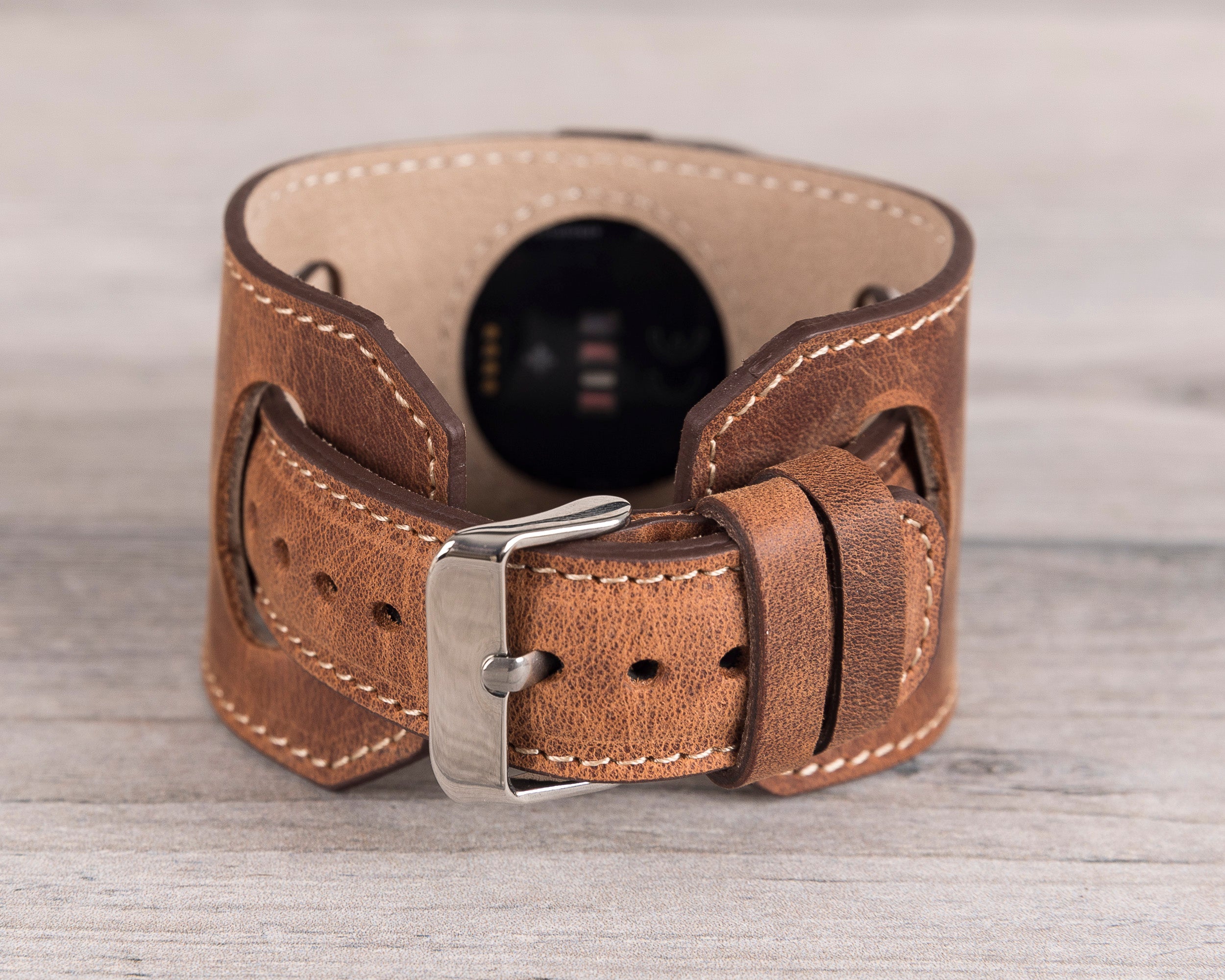 Antic Brown Leather Cuff Fitbit Watch Band