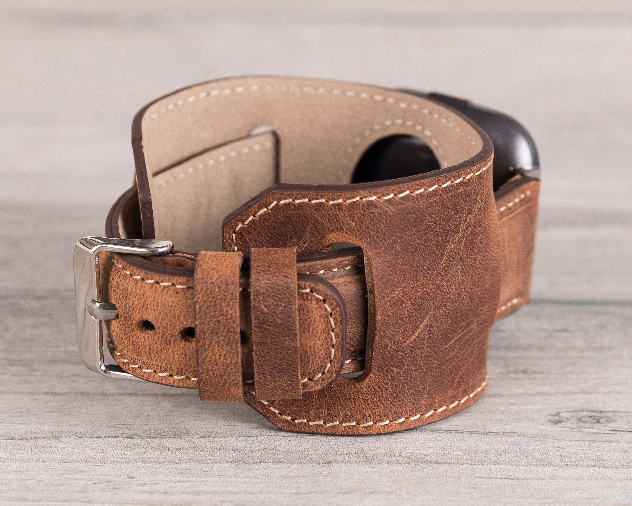 Antic Brown Leather Cuff Fitbit Watch Band