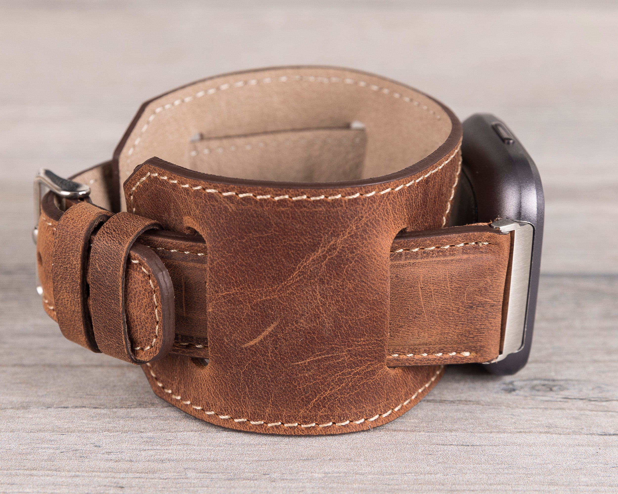 Antic Brown Leather Cuff Fitbit Watch Band