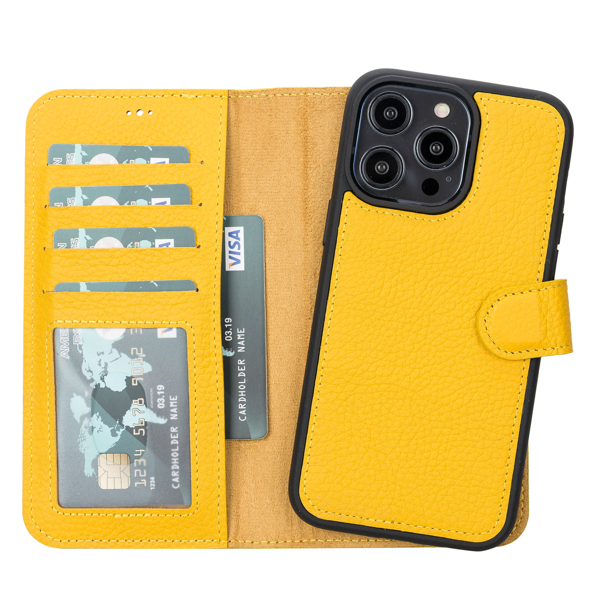 Yellow Leather Magnetic Wallet Case for iPhone 14 Pro MAX (6.7