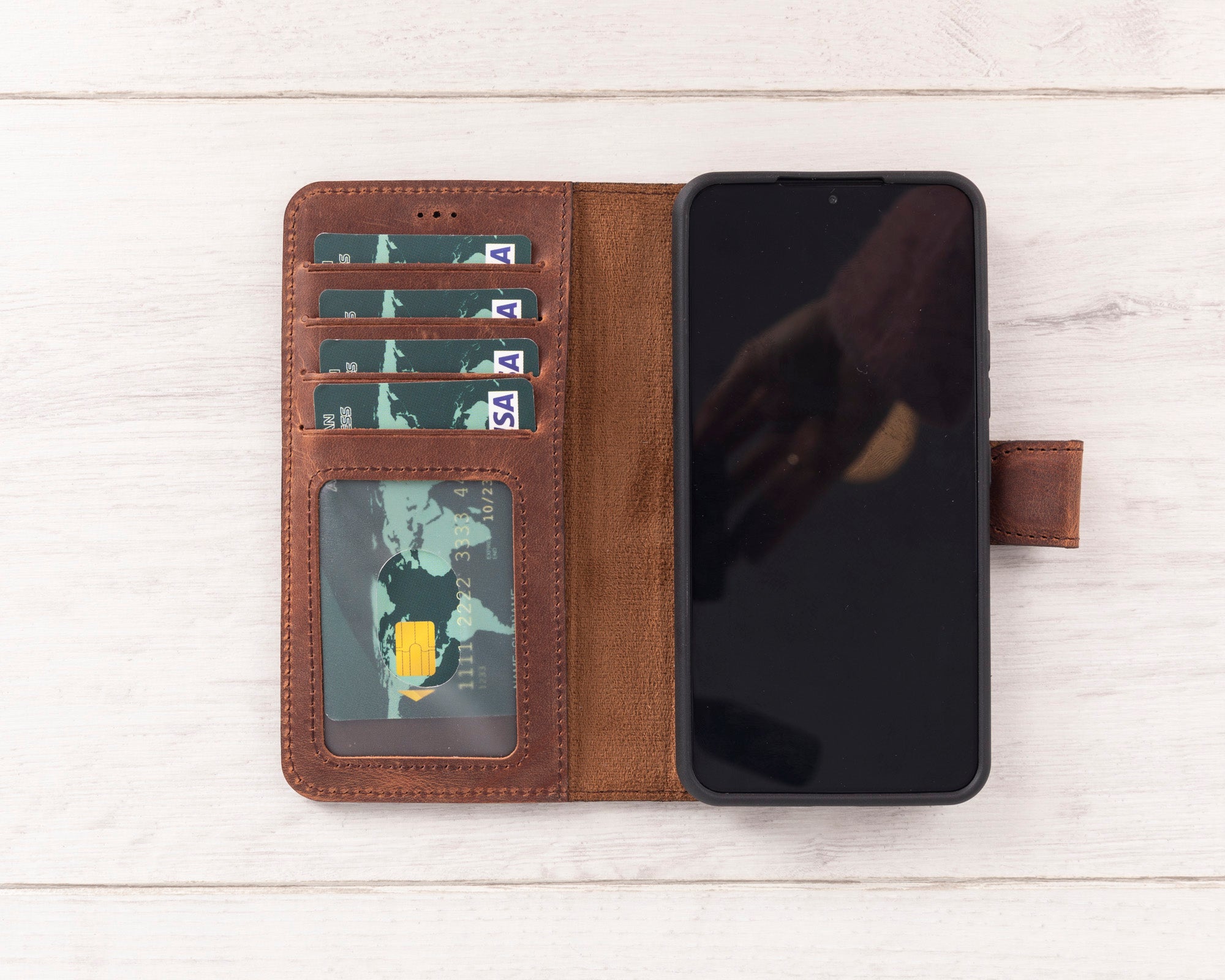 Distressed Brown Magnetic Leather Wallet Case for Galaxy S22 / S23 / S24