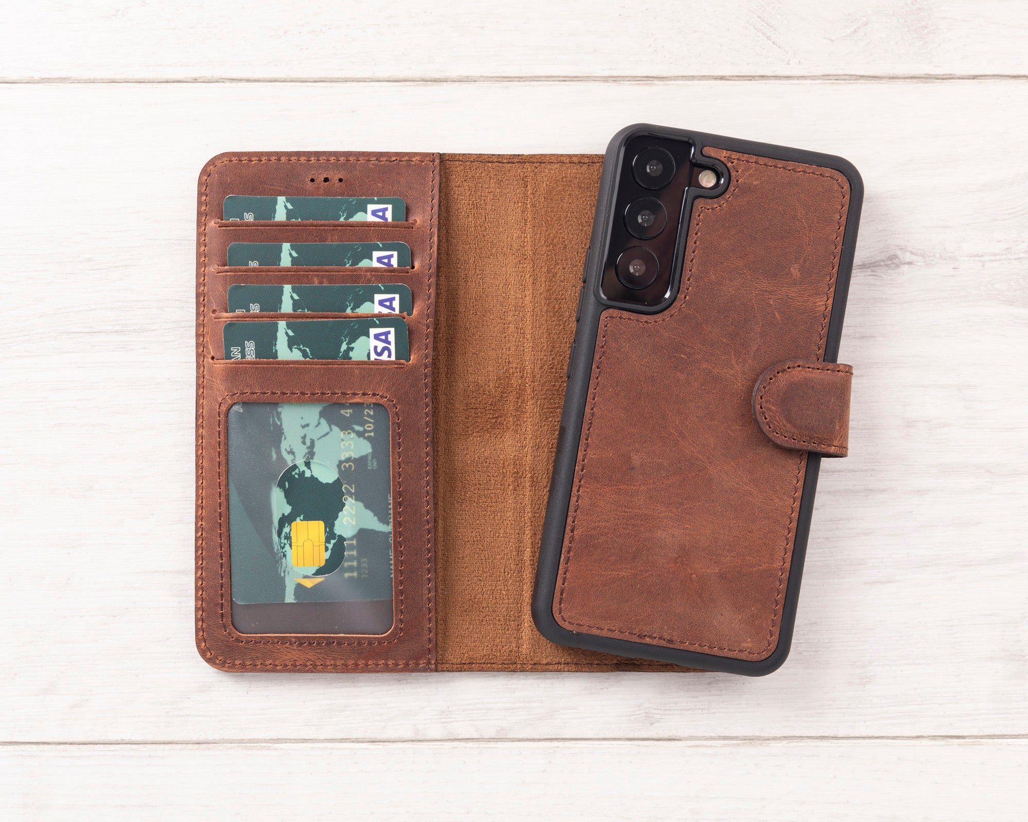 Distressed Brown Magnetic Leather Wallet Case for Galaxy S22 / S23 / S24