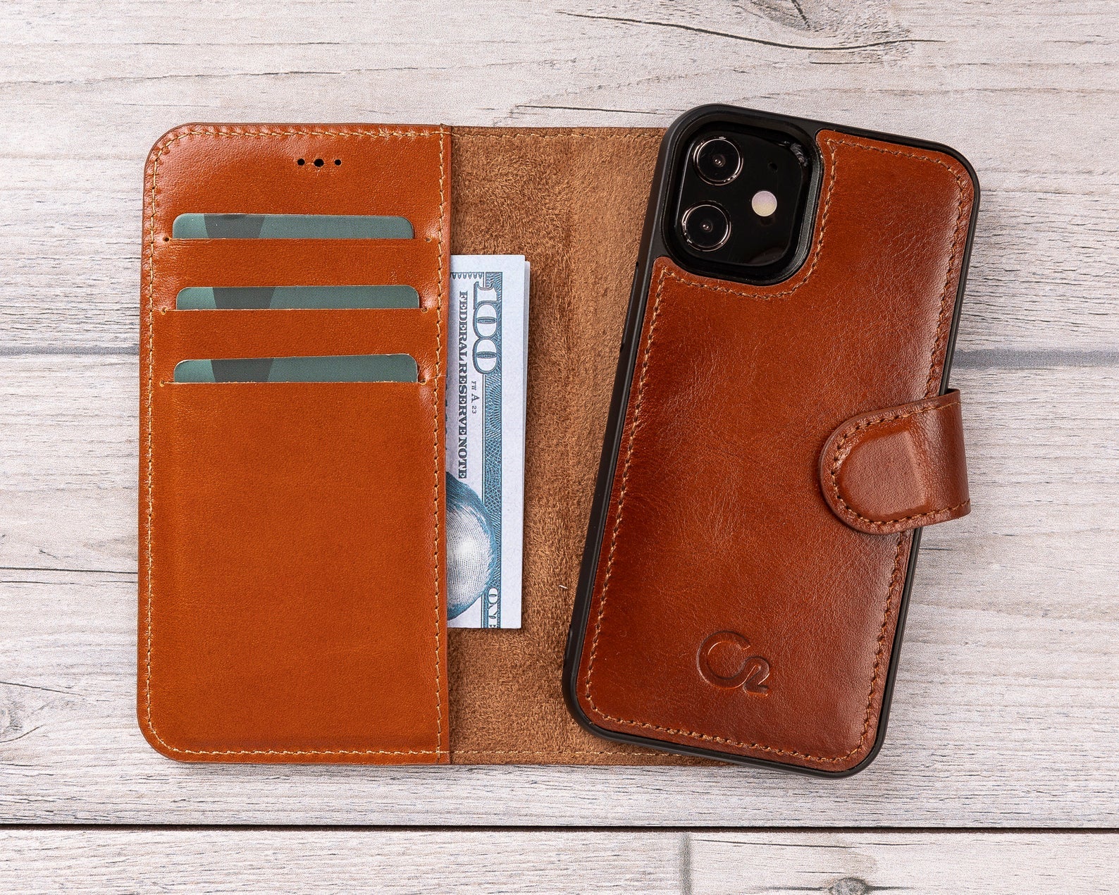 Burnished Tan Leather Magnetic Wallet Case for iPhone 12 Models