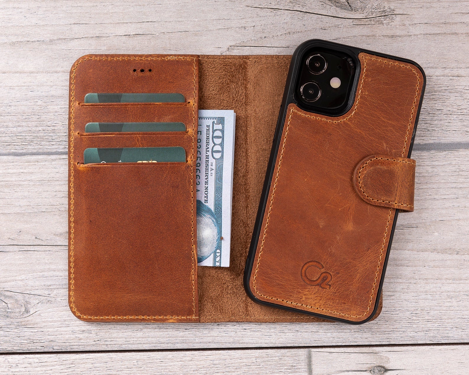 Camel Brown Leather Magnetic Wallet Case for iPhone 12 Mini (5.4")