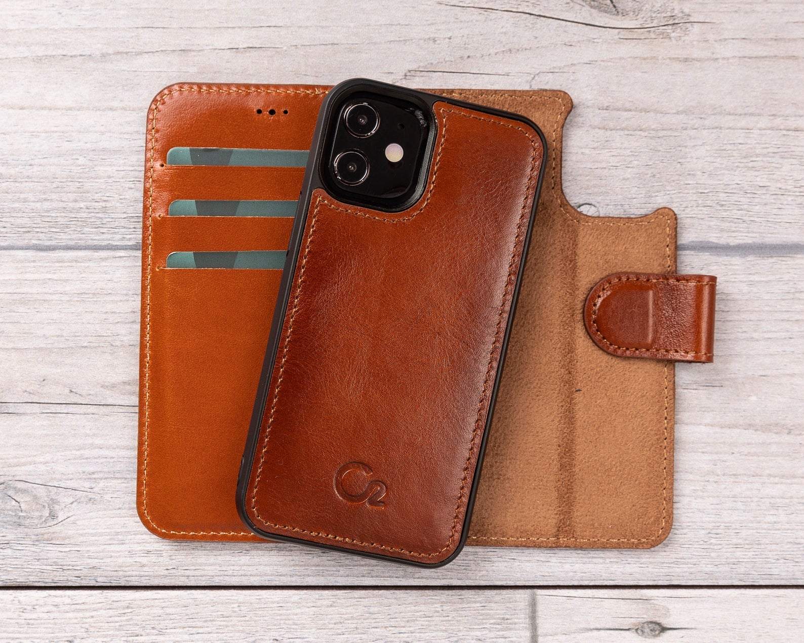 Burnished Tan Leather Magnetic Wallet Case for iPhone 12 Models
