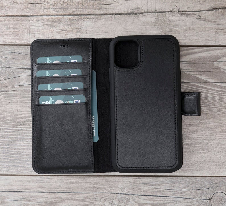 Black Leather Magnetic Wallet Case for iPhone 11 Models