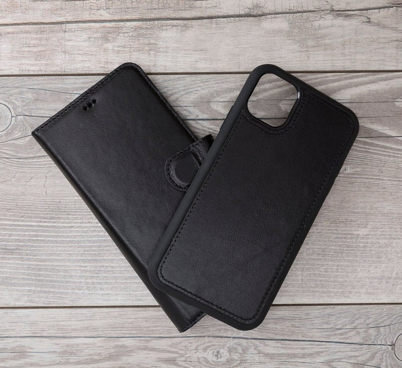 Black Leather Magnetic Wallet Case for iPhone 11 Models