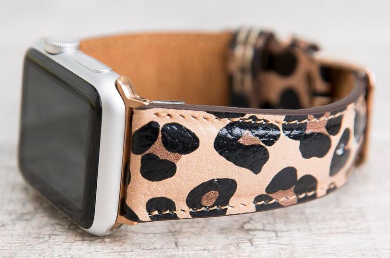 Leopard Patterned Full Grain Leather Band for Apple Watch