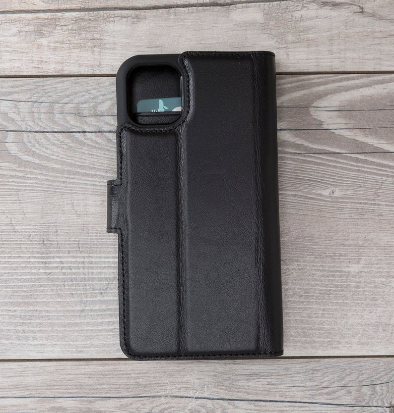 Black Leather Magnetic Wallet Case for iPhone 11 Models