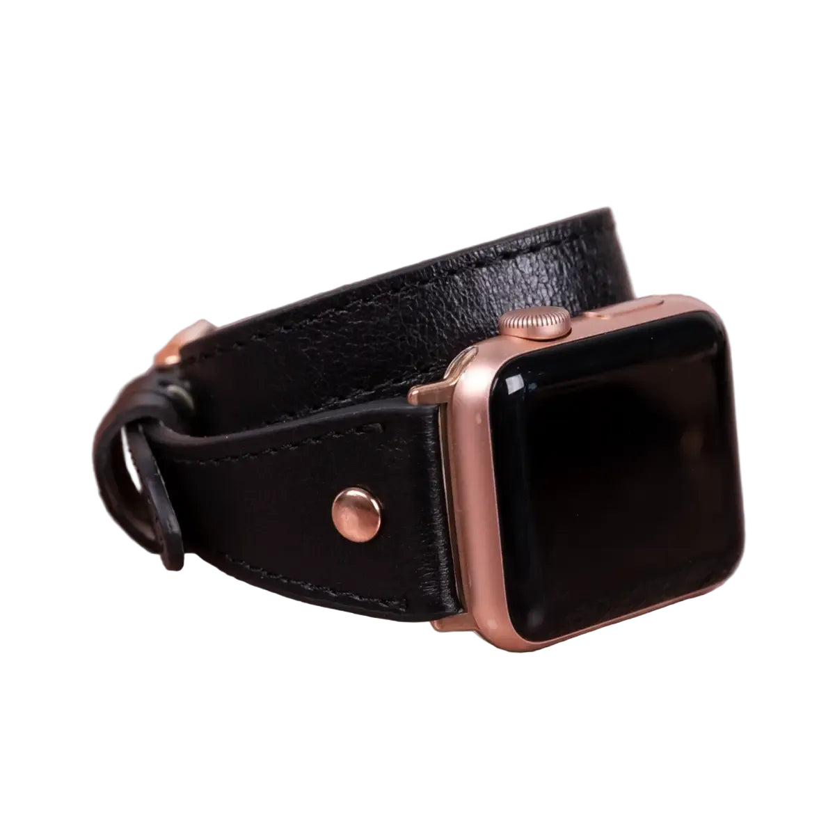 Black Leather Double Tour Slim Apple Watch Band (Gold Rivet)