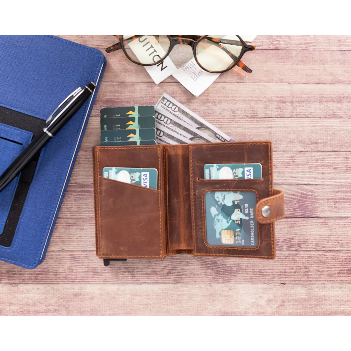 Palermo Leather Mechanical Card Holder-Distressed Brown